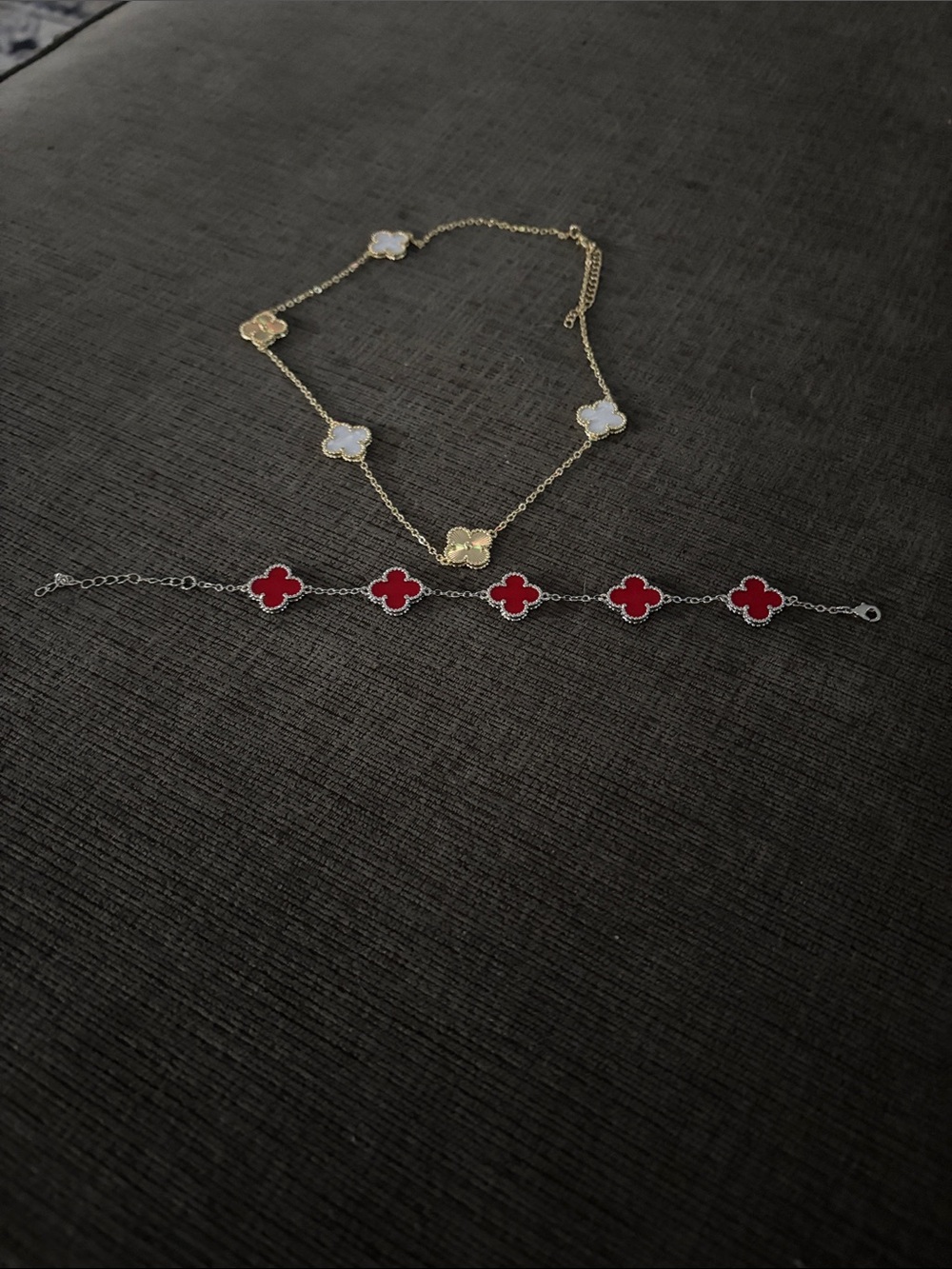 Gold and White Clover Necklace with Red Clover Bracelet Set